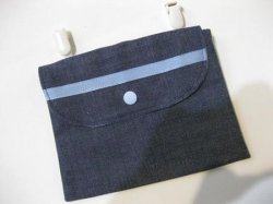 画像1: ふた付き外付けポケット大サイズ　ブルーデニム×水色ライン　クリップタイプ