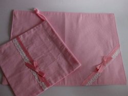画像1: サイズいろいろ　ランチョンマット＋巾着セット　ピンクストライプ