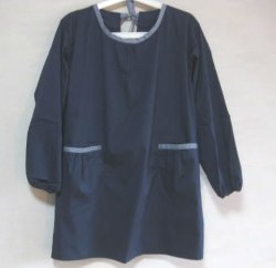 画像1: 割烹着タイプエプロン　紺無地×ギンガムライン　　フリーサイズ（M〜L）