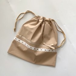 画像1: 巾着　ベージュ×ベージュリボンレース