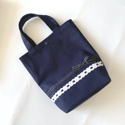 画像1: オリジナル　シューズバック　　紺×ステッチリボンハシゴレース