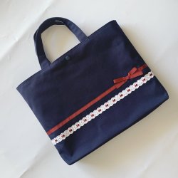 画像1: トートバッグ　紺×エンジリボンはしごレース