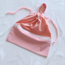 画像1: 持ち手つき巾着　ピンク×ドット柄　35×35