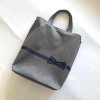 2足用シューズバック　　グレー×紺リボン