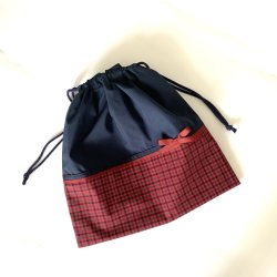 画像1: 巾着　紺×赤チェックエンジリボン
