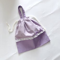 画像1: 持ち手つき巾着　ラベンダードット　35×35