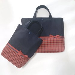 画像1: 通学通園2点セット　紺×赤チェックエンジリボン