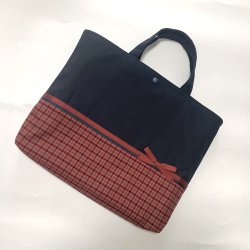 画像1: トートバック　紺×赤ギンガムエンジリボン